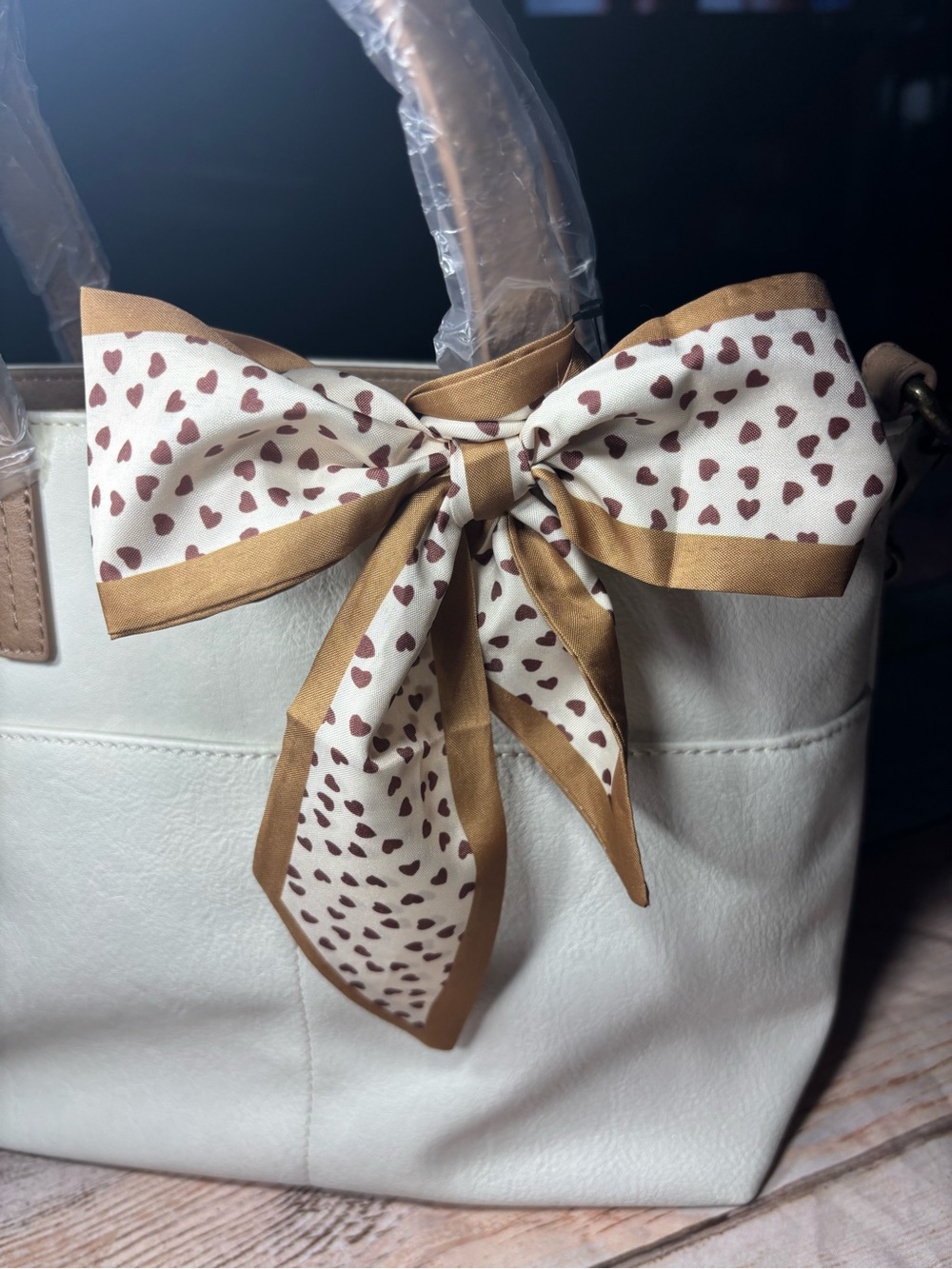 New Heart Print Scarf in Cream and Brown Twilly Purse Bag 2.5” x 35”